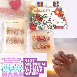 Y2K HANDMADE HELLO KITTY NAIL BUNDLE OF 2 SETS + POUCH SZ. MEDIUM NEW